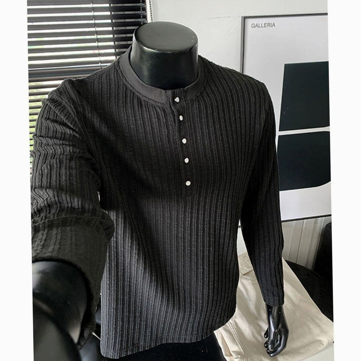 Men's Long Sleeve Ribbed Cotton Henley Shirt Band Collar