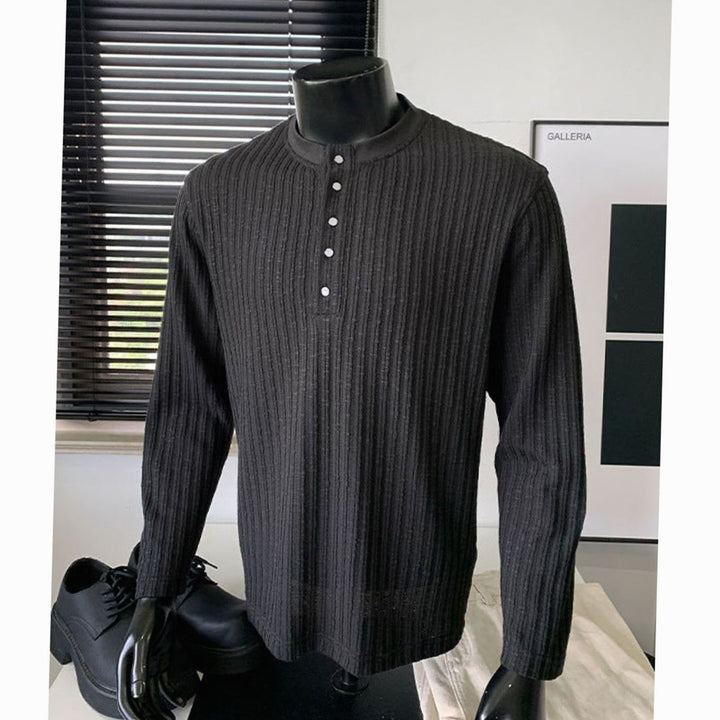 Men's Long Sleeve Ribbed Cotton Henley Shirt Band Collar