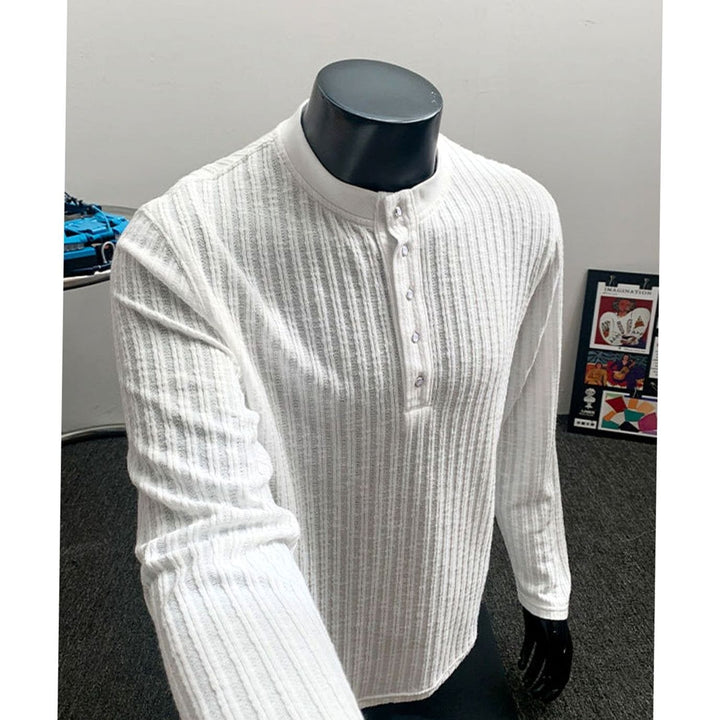 Men's Long Sleeve Ribbed Cotton Henley Shirt Band Collar