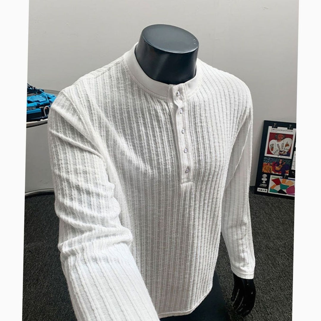 Men's Long Sleeve Ribbed Cotton Henley Shirt Band Collar - White