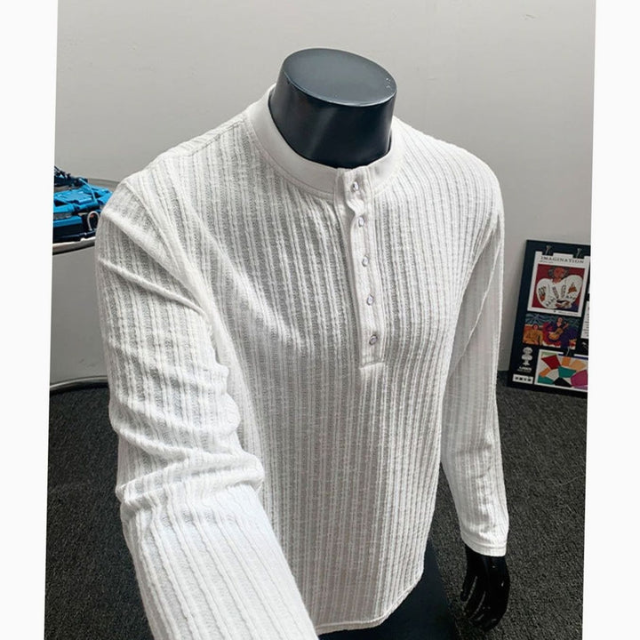 Men's Long Sleeve Ribbed Cotton Henley Shirt Band Collar - White