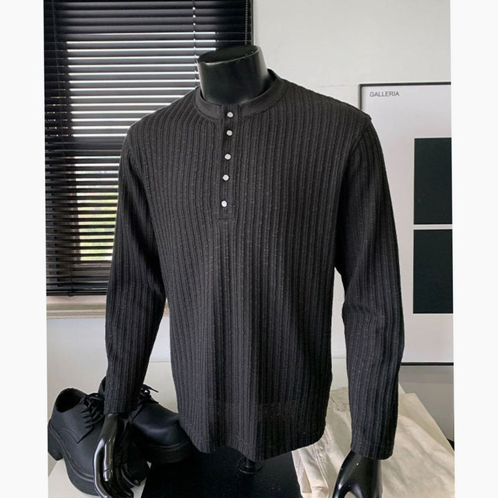 Men's Long Sleeve Ribbed Cotton Henley Shirt Band Collar - Black