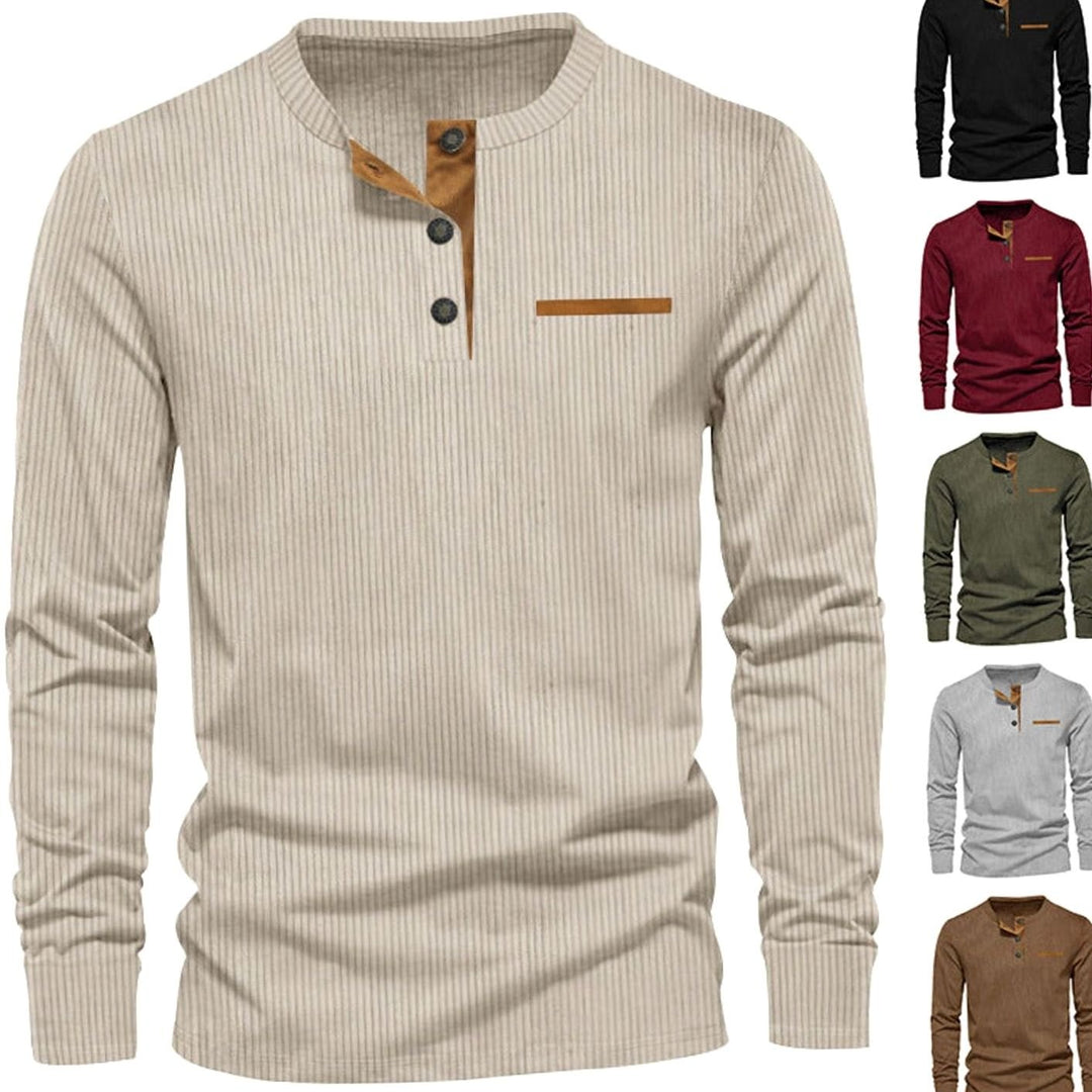Men's Long Sleeve Ribbed Henley Shirt Slim Fit Cotton Blend
