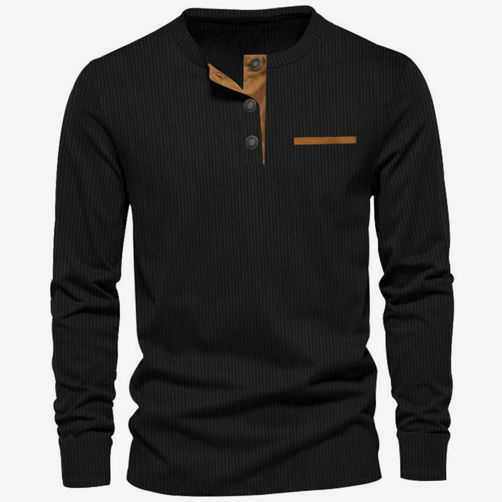 Men's Long Sleeve Ribbed Henley Shirt Slim Fit Cotton Blend - Black