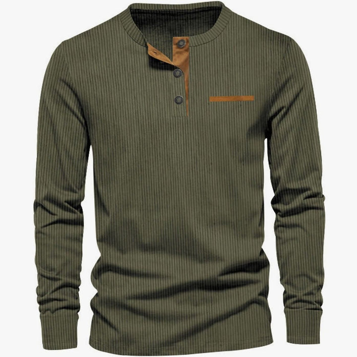 Men's Long Sleeve Ribbed Henley Shirt Slim Fit Cotton Blend - Olive