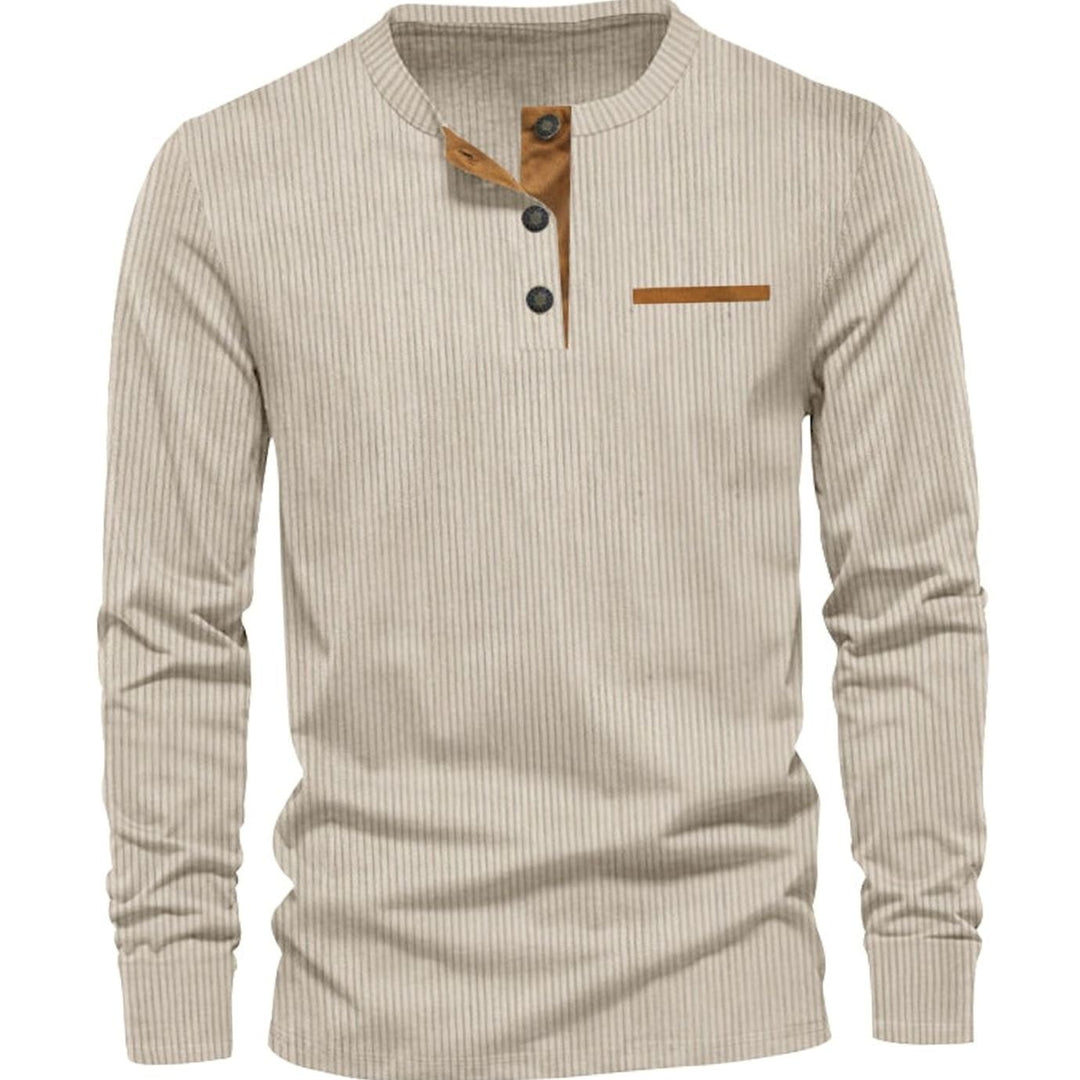Men's Long Sleeve Ribbed Henley Shirt Slim Fit Cotton Blend - Beige