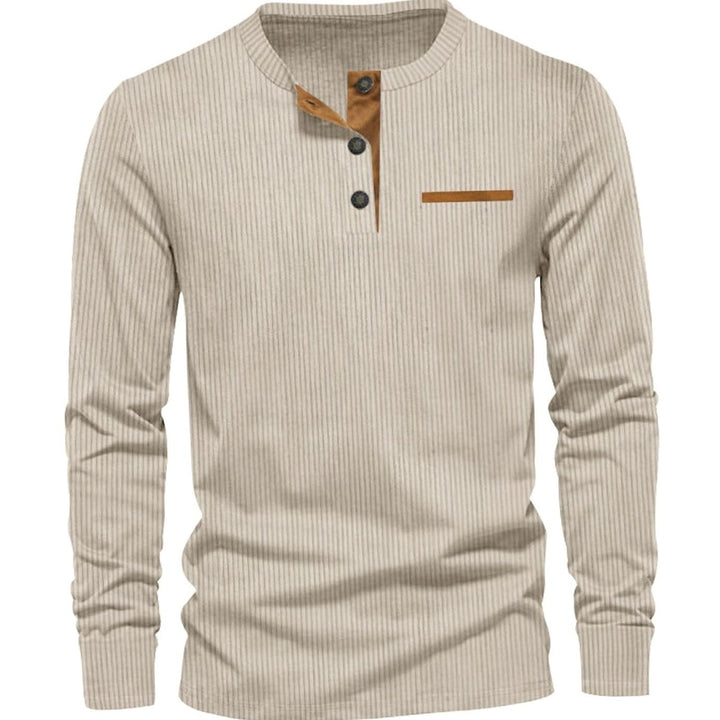 Men's Long Sleeve Ribbed Henley Shirt Slim Fit Cotton Blend - Beige