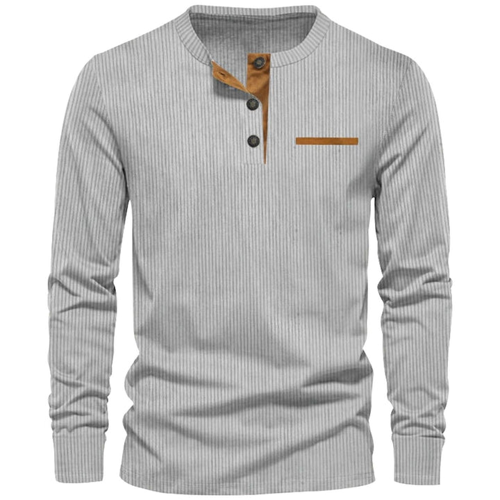 Men's Long Sleeve Ribbed Henley Shirt Slim Fit Cotton Blend - Gray