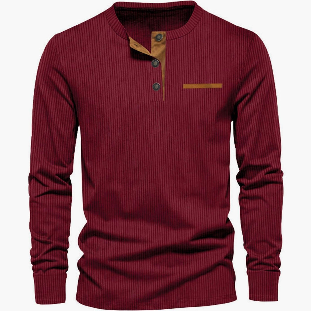 Men's Long Sleeve Ribbed Henley Shirt Slim Fit Cotton Blend - Red