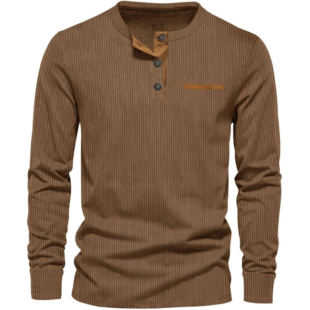 Men's Long Sleeve Ribbed Henley Shirt Slim Fit Cotton Blend - Brown