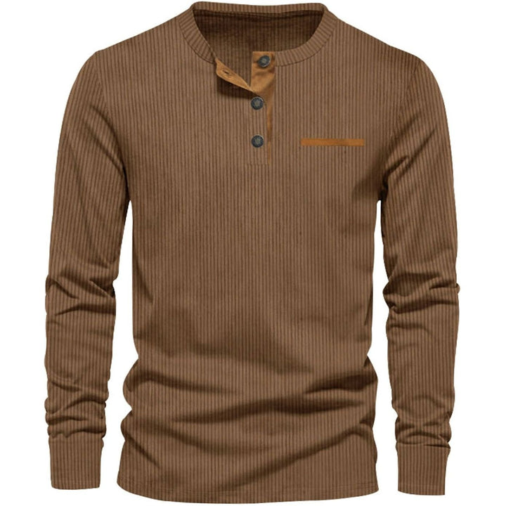Men's Long Sleeve Ribbed Henley Shirt Slim Fit Cotton Blend - Brown