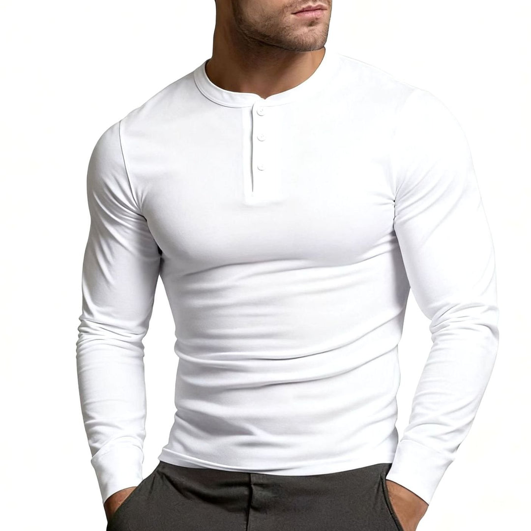 Men's Long Sleeve Slim-Fit Button Henley Shirt - White