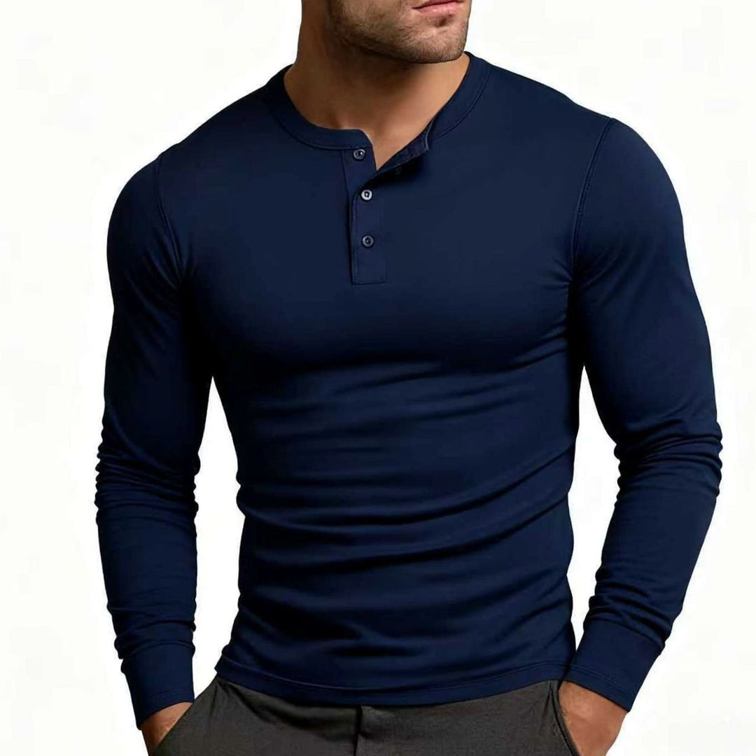 Men's Long Sleeve Slim-Fit Button Henley Shirt - Dark Blue