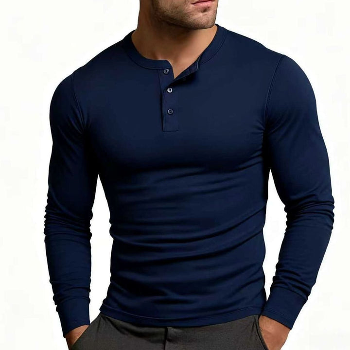 Men's Long Sleeve Slim-Fit Button Henley Shirt - Dark Blue