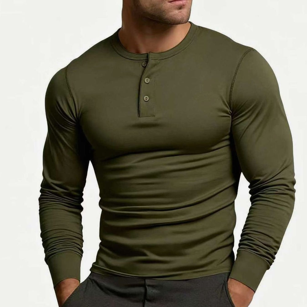 Men's Long Sleeve Slim-Fit Button Henley Shirt - Olive Green