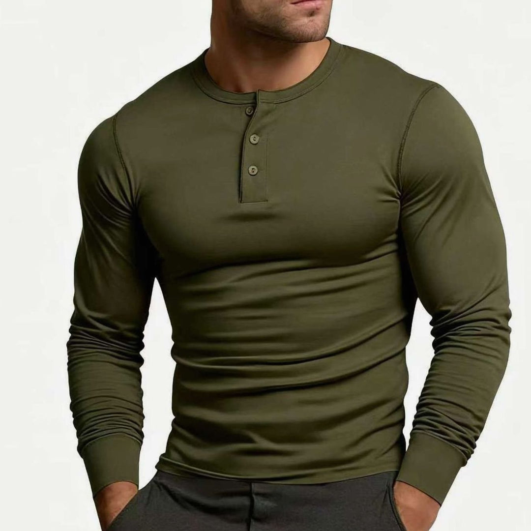 Men's Long Sleeve Slim-Fit Button Henley Shirt - Olive Green