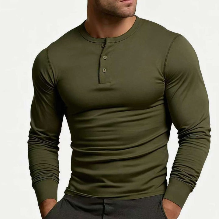 Men's Long Sleeve Slim-Fit Button Henley Shirt - Olive Green