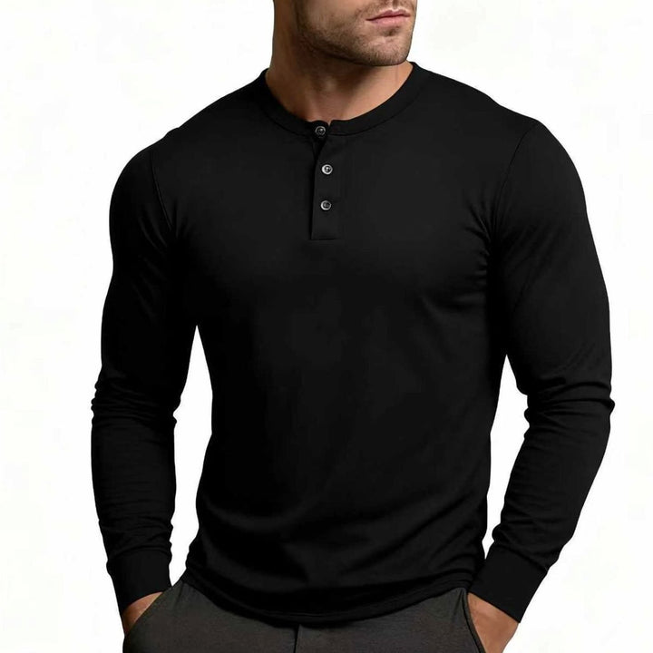 Men's Long Sleeve Slim-Fit Button Henley Shirt - Black