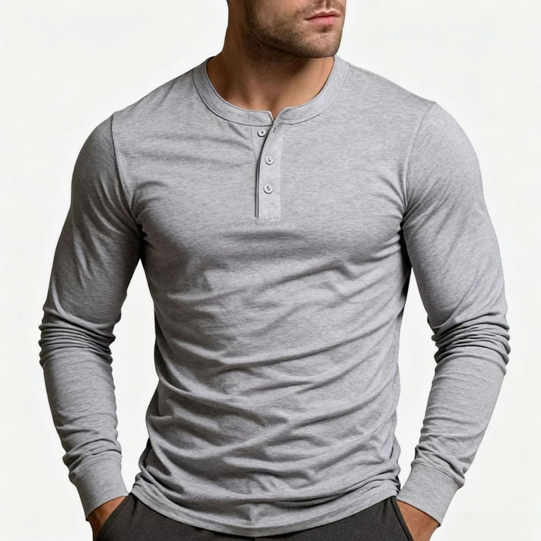 Men's Long Sleeve Slim-Fit Button Henley Shirt - Light Gray
