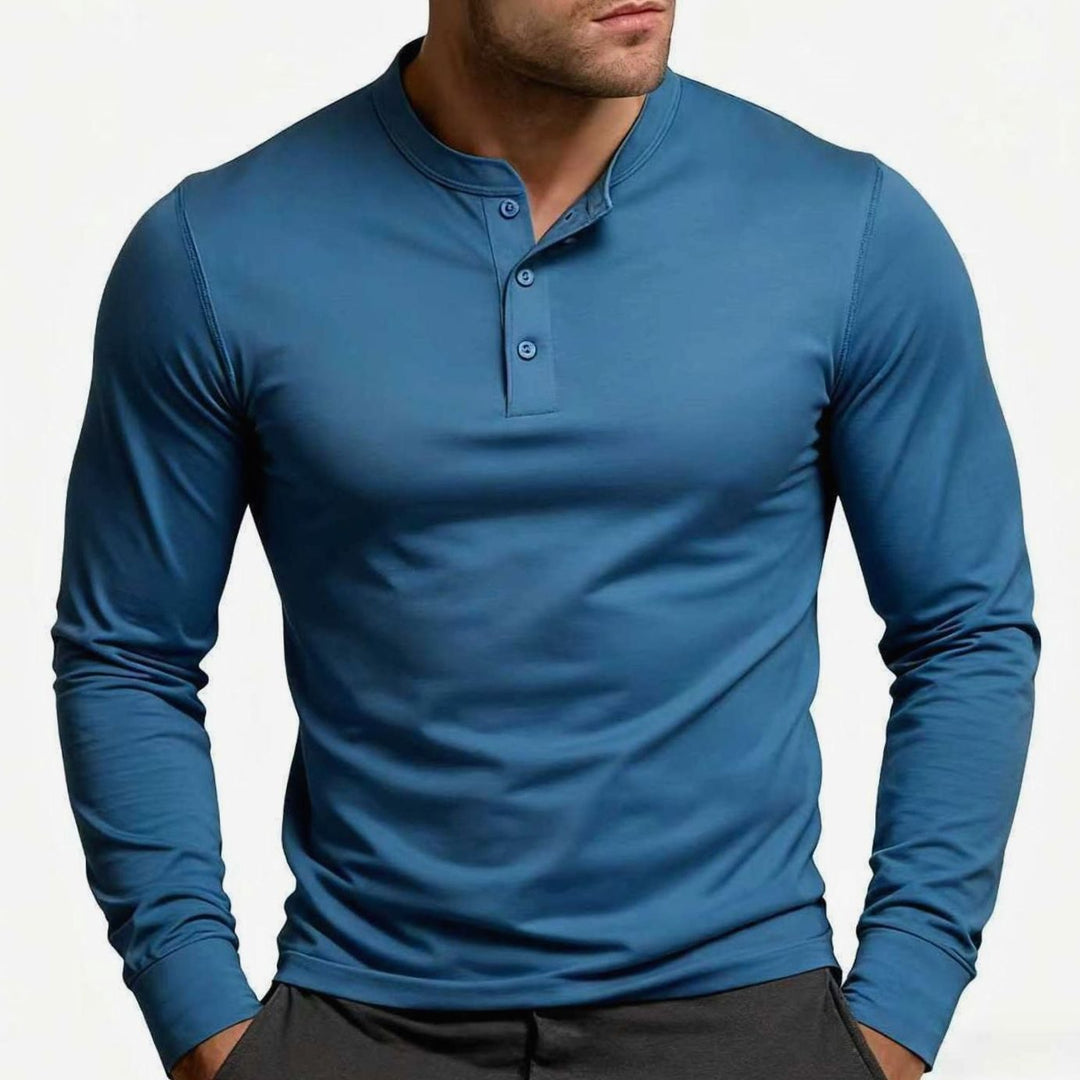 Men's Long Sleeve Slim-Fit Button Henley Shirt - Denim Blue