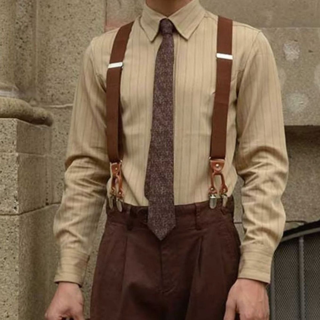 Men's Long Sleeve Striped Button-Up Point Collar Shirt - Apricot