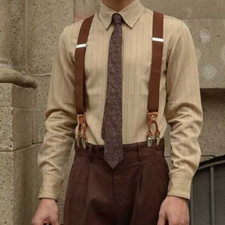 Men's Long Sleeve Striped Button-Up Point Collar Shirt - Apricot