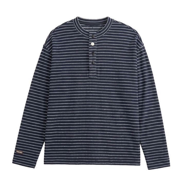 Men's Long Sleeve Striped Henley Shirt Regular Fit Button Placket