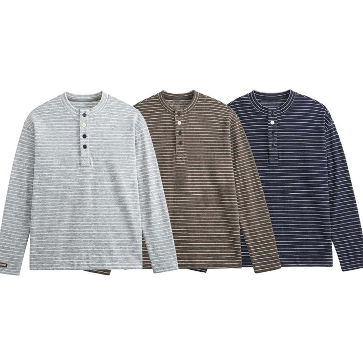Men's Long Sleeve Striped Henley Shirt Regular Fit Button Placket
