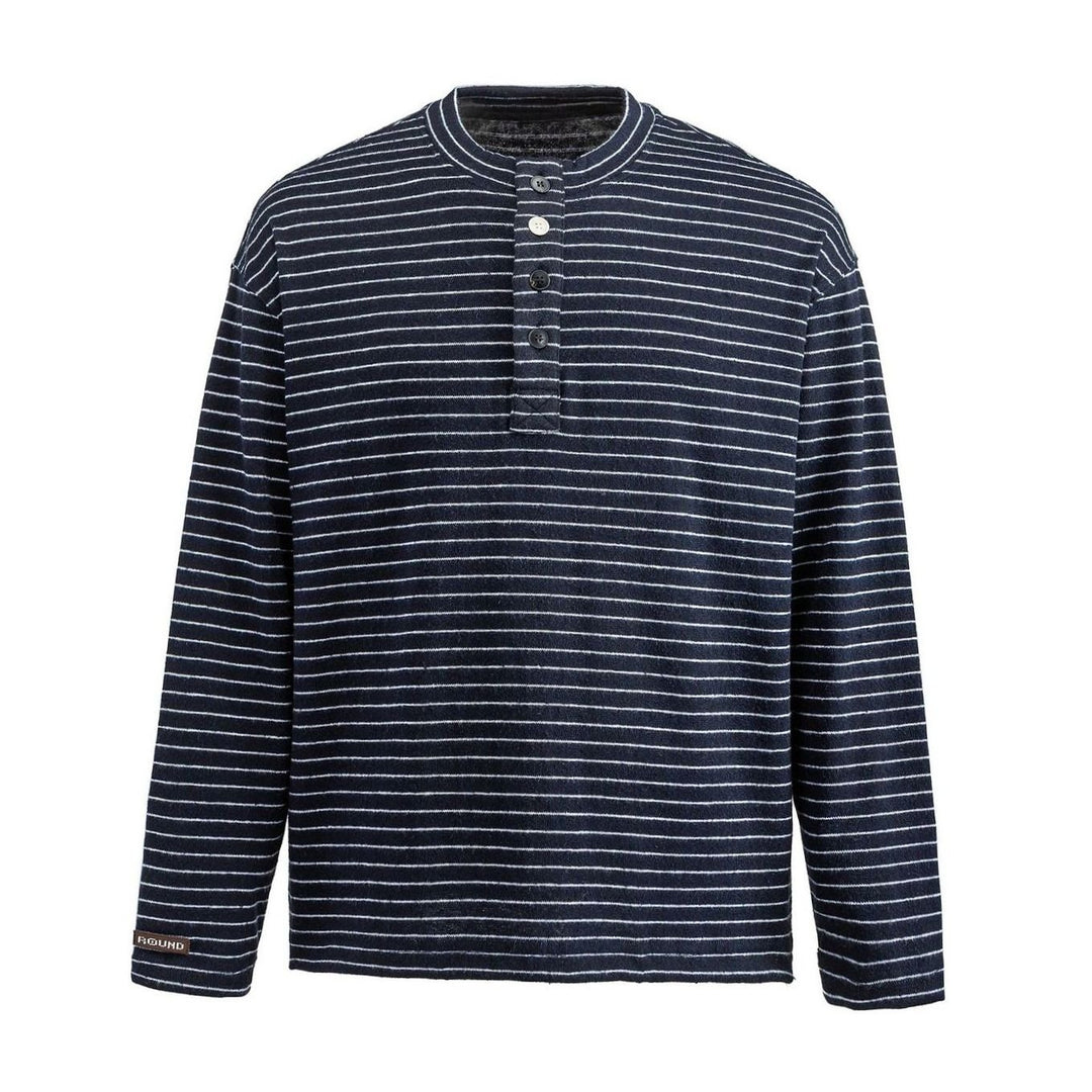 Men's Long Sleeve Striped Henley Shirt Regular Fit Button Placket - Navy Blue