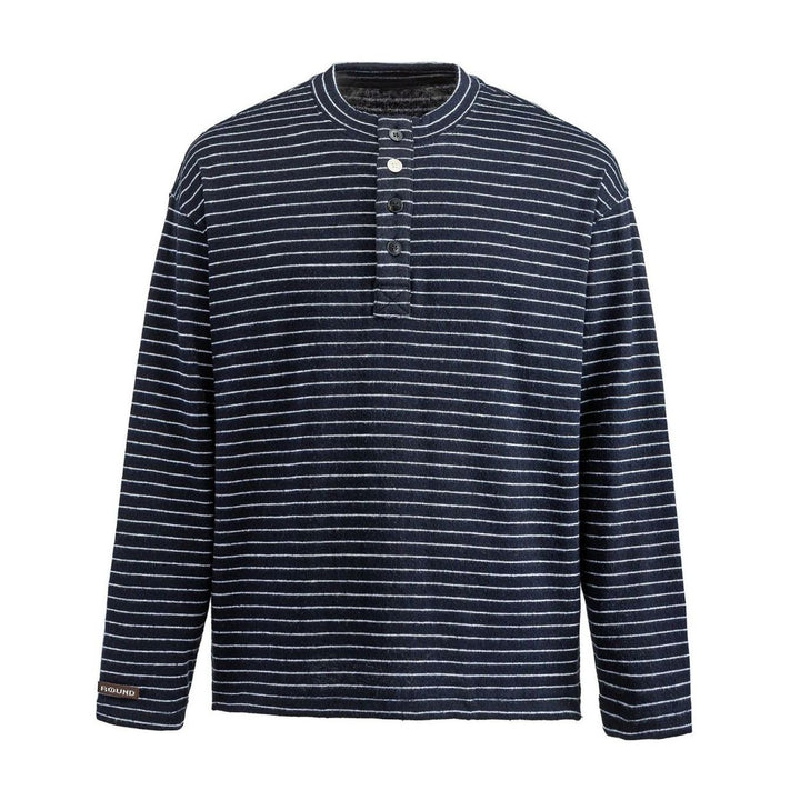 Men's Long Sleeve Striped Henley Shirt Regular Fit Button Placket - Navy Blue