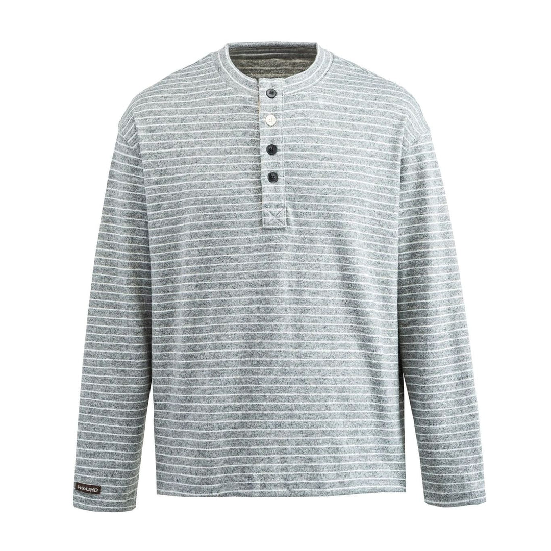 Men's Long Sleeve Striped Henley Shirt Regular Fit Button Placket - Light Gray