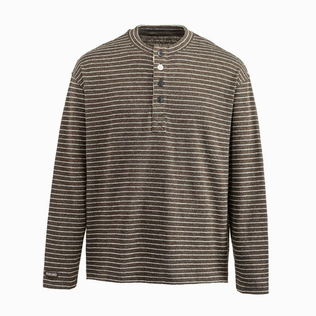 Men's Long Sleeve Striped Henley Shirt Regular Fit Button Placket - Dark Brown