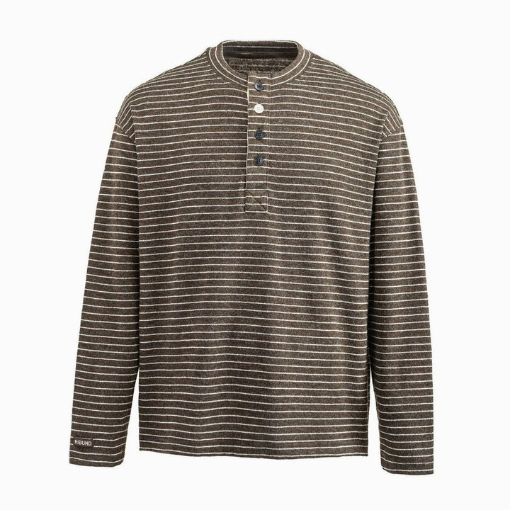 Men's Long Sleeve Striped Henley Shirt Regular Fit Button Placket - Dark Brown