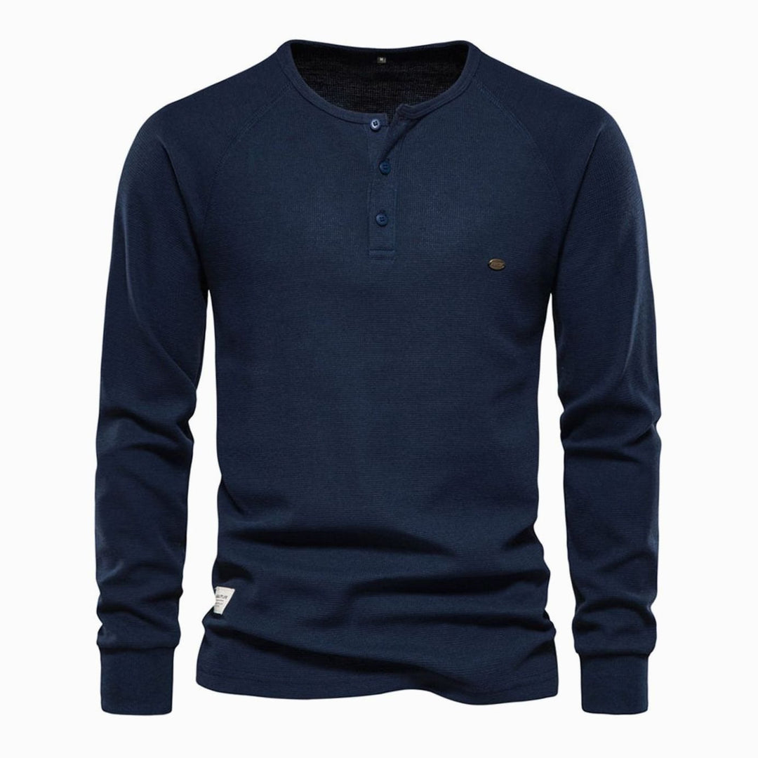 Men's Long Sleeve Waffle Knit Henley Shirt Casual Fit - Navy Blue