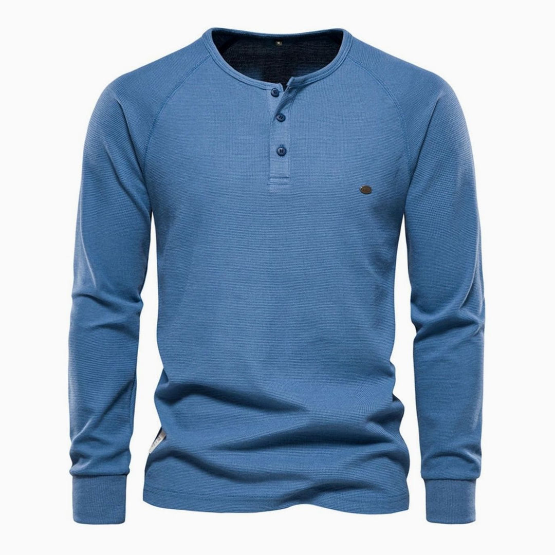 Men's Long Sleeve Waffle Knit Henley Shirt Casual Fit - Blue