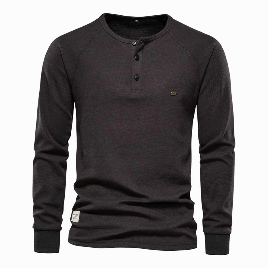 Men's Long Sleeve Waffle Knit Henley Shirt Casual Fit - Black