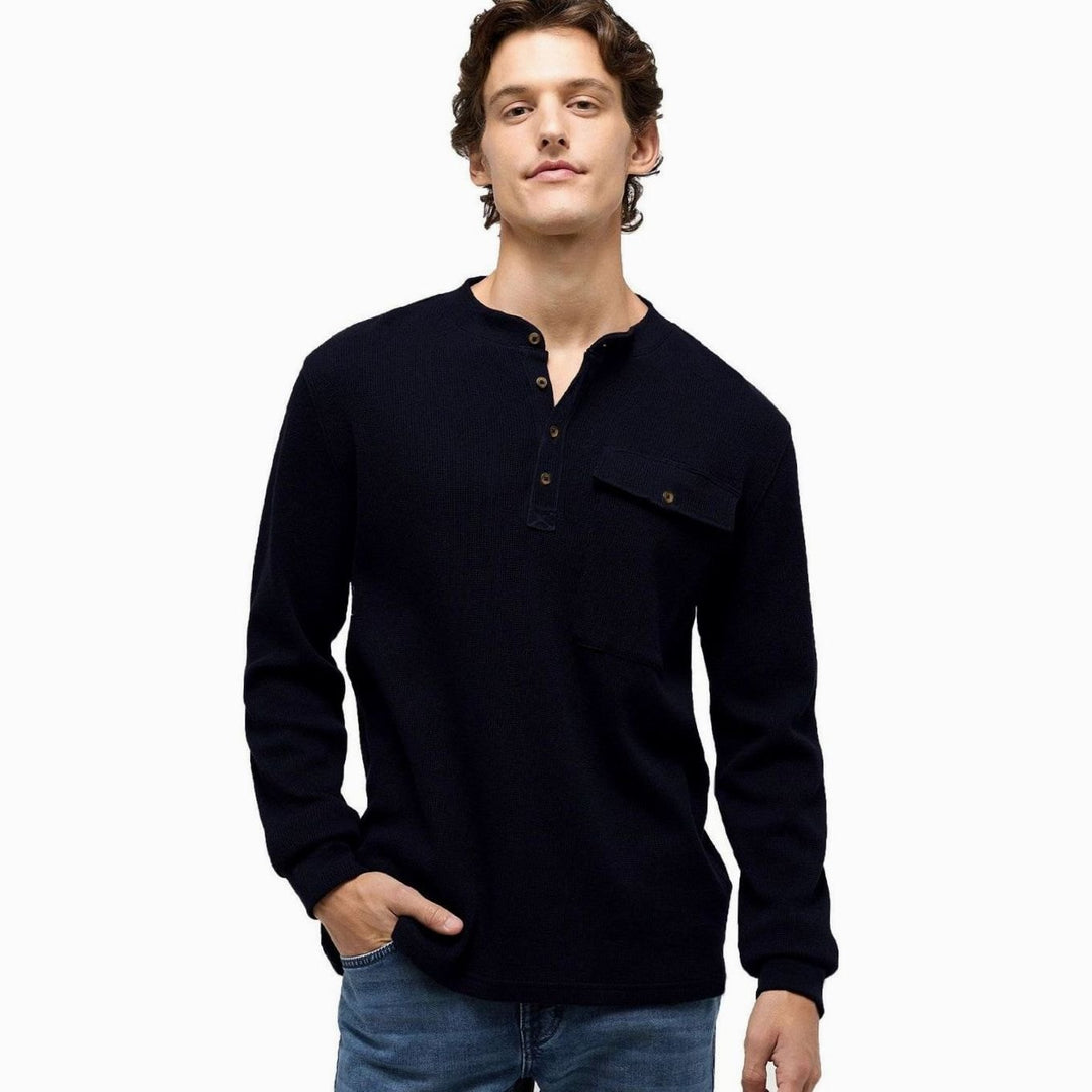 Men's Long Sleeve Waffle Knit Henley Shirt Chest Pocket