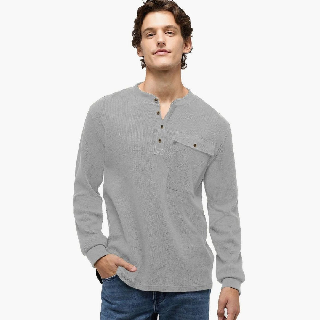 Men's Long Sleeve Waffle Knit Henley Shirt Chest Pocket