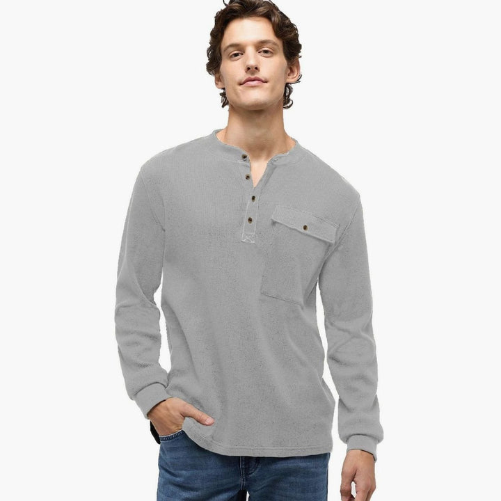 Men's Long Sleeve Waffle Knit Henley Shirt Chest Pocket