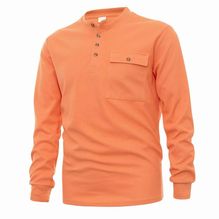 Men's Long Sleeve Waffle Knit Henley Shirt Chest Pocket