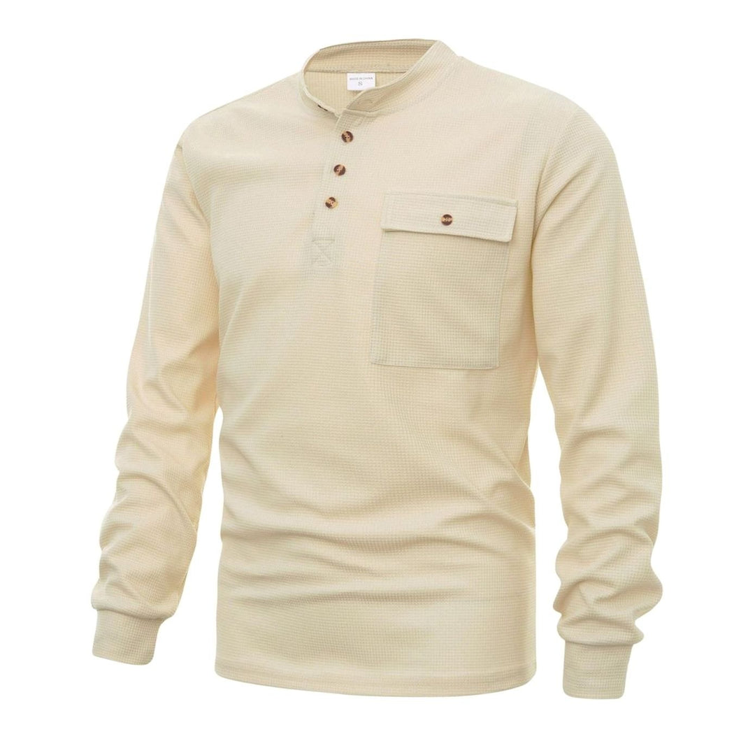 Men's Long Sleeve Waffle Knit Henley Shirt Chest Pocket
