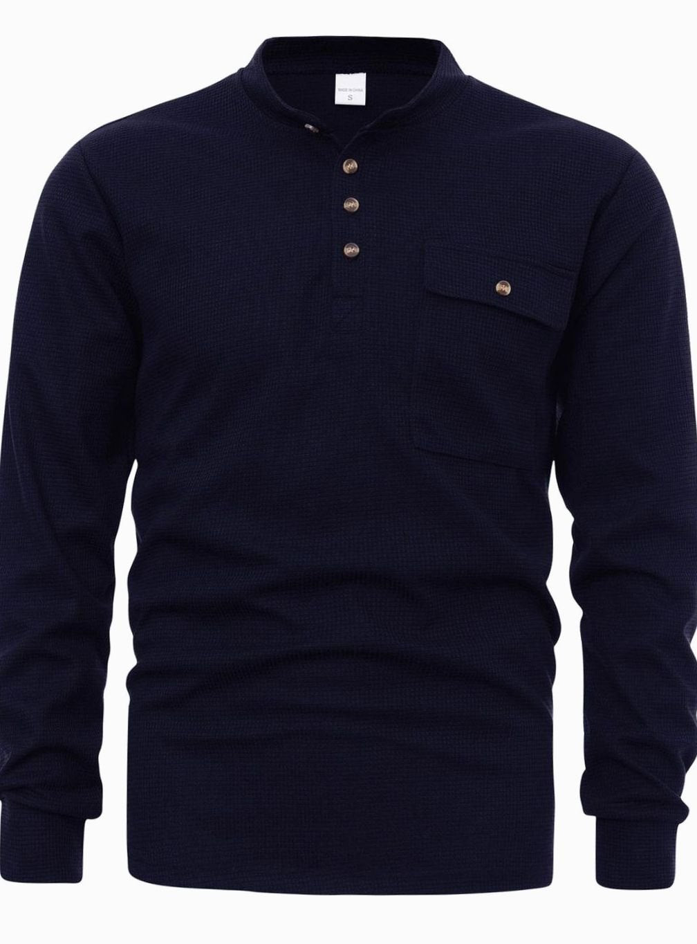 Men's Long Sleeve Waffle Knit Henley Shirt Chest Pocket - Navy Blue