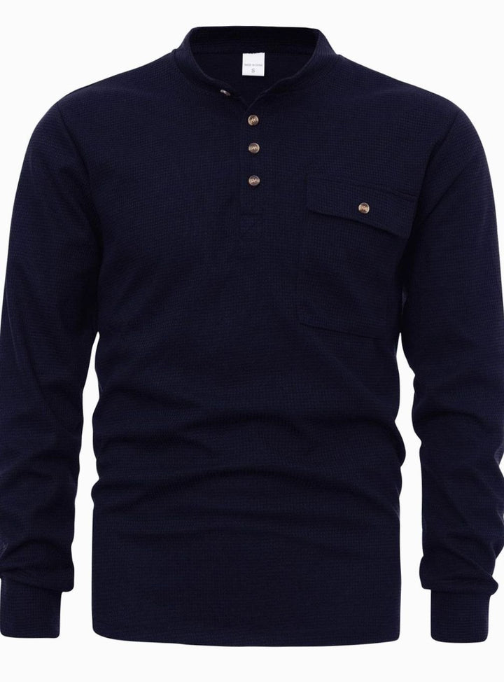 Men's Long Sleeve Waffle Knit Henley Shirt Chest Pocket - Navy Blue