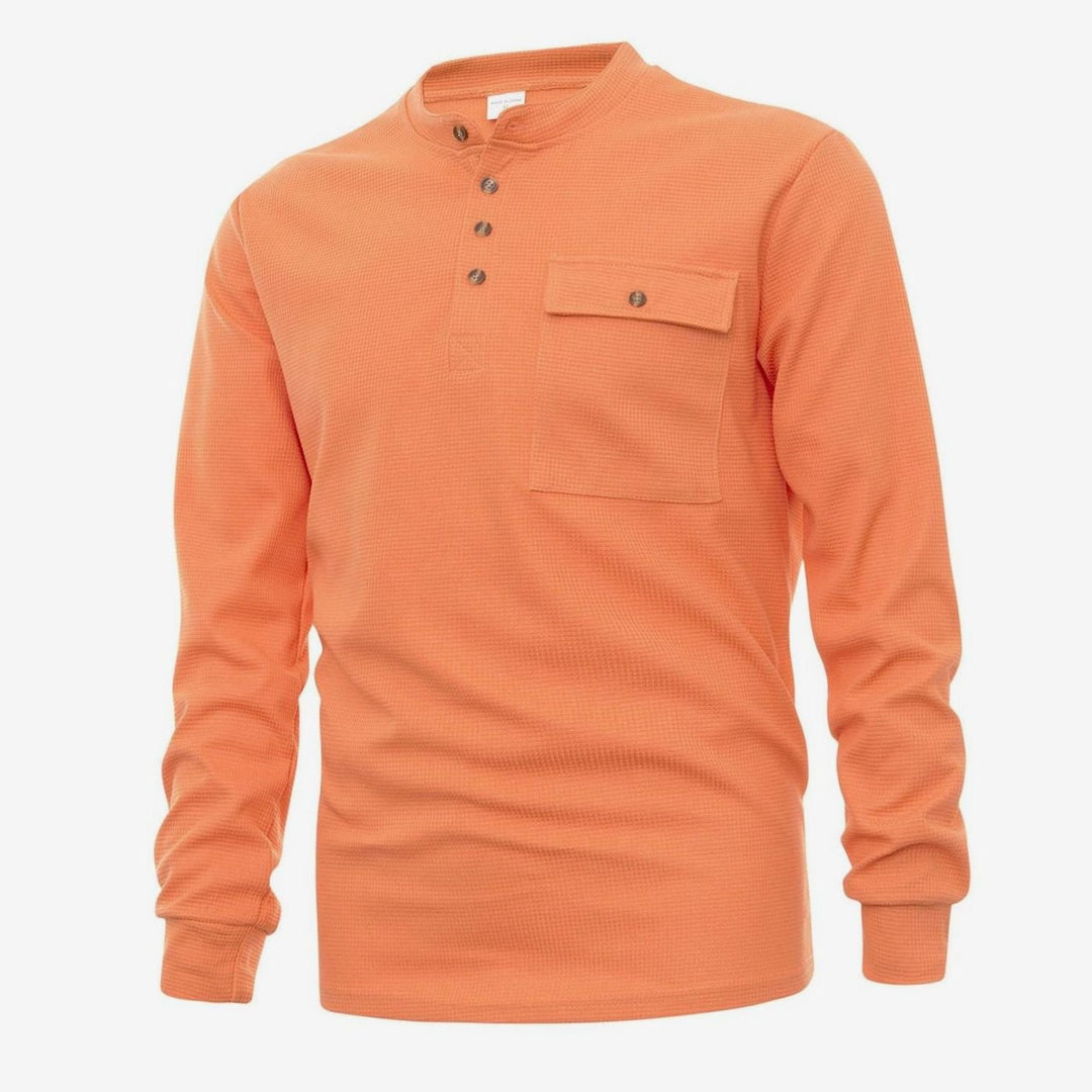 Men's Long Sleeve Waffle Knit Henley Shirt Chest Pocket - Orange