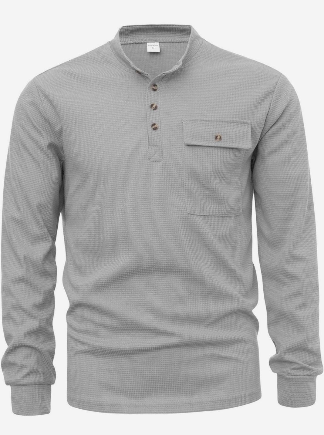 Men's Long Sleeve Waffle Knit Henley Shirt Chest Pocket - Light Gray