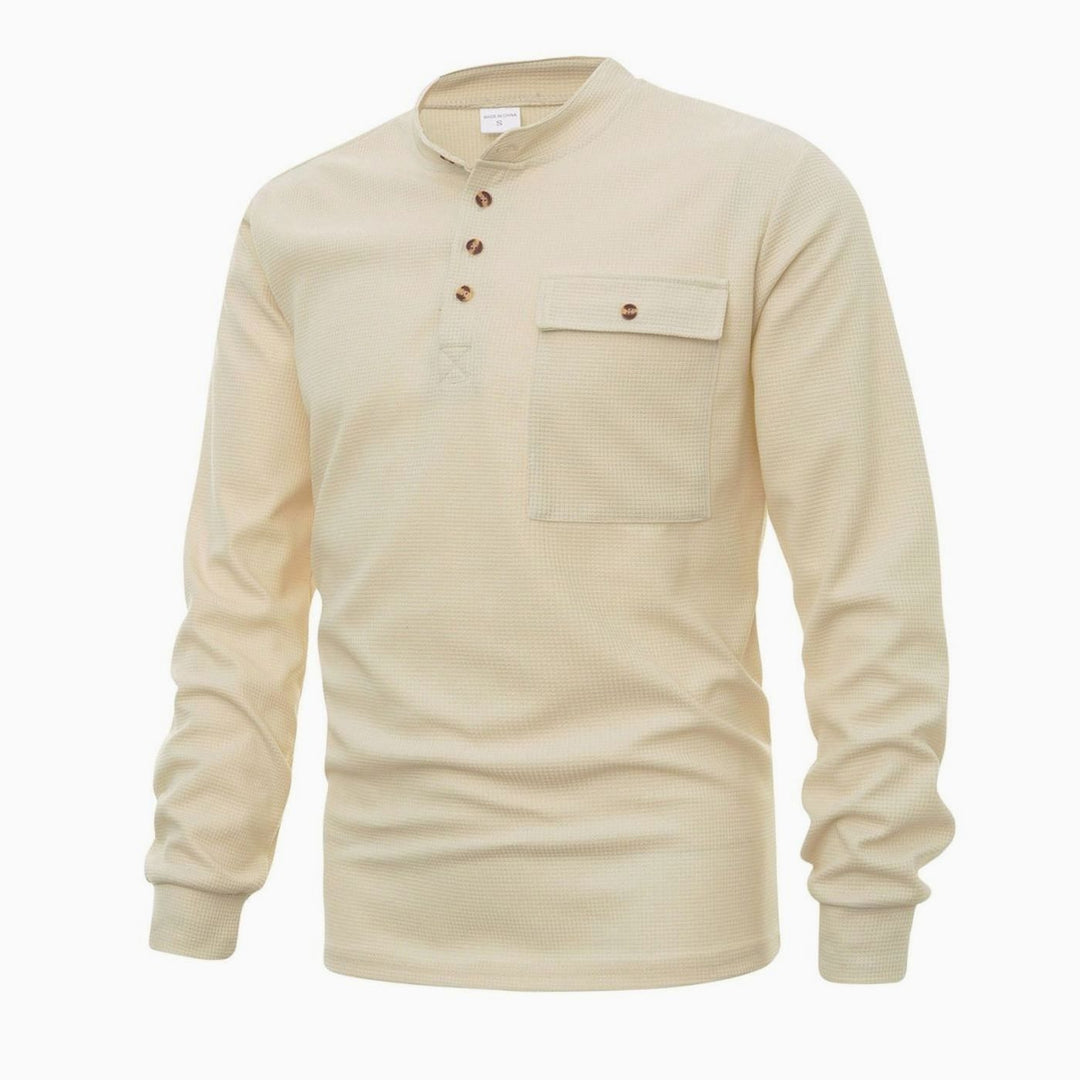 Men's Long Sleeve Waffle Knit Henley Shirt Chest Pocket - Light Khaki