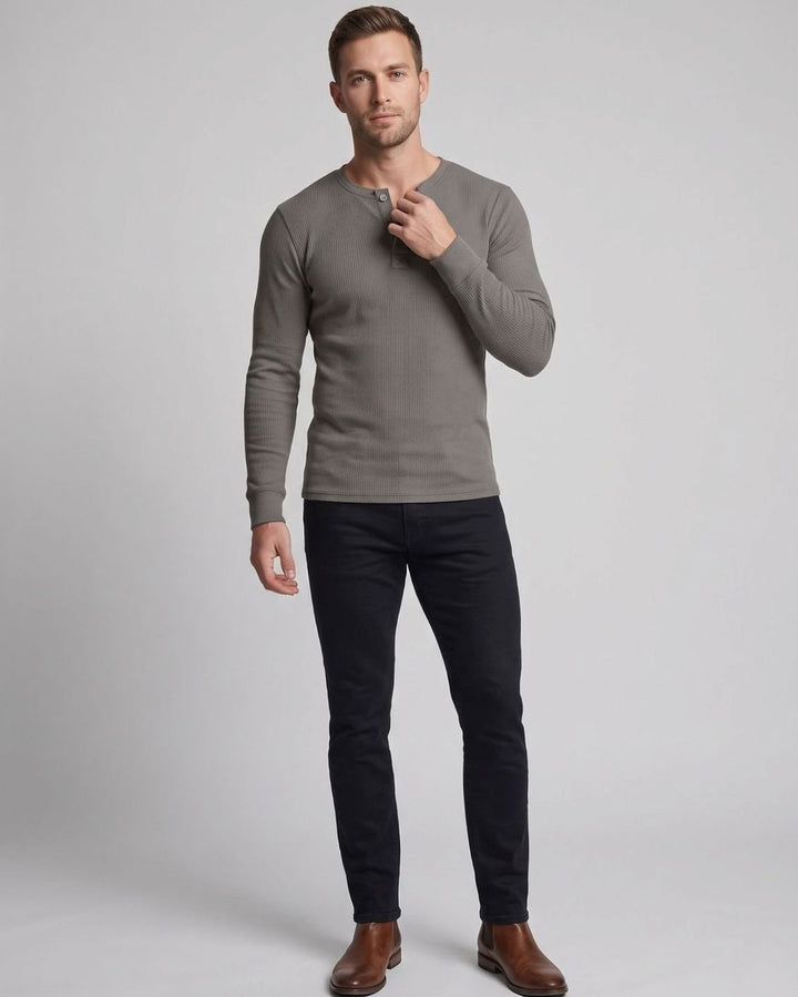Men's Long Sleeve Waffle Knit Henley Shirt Regular Fit