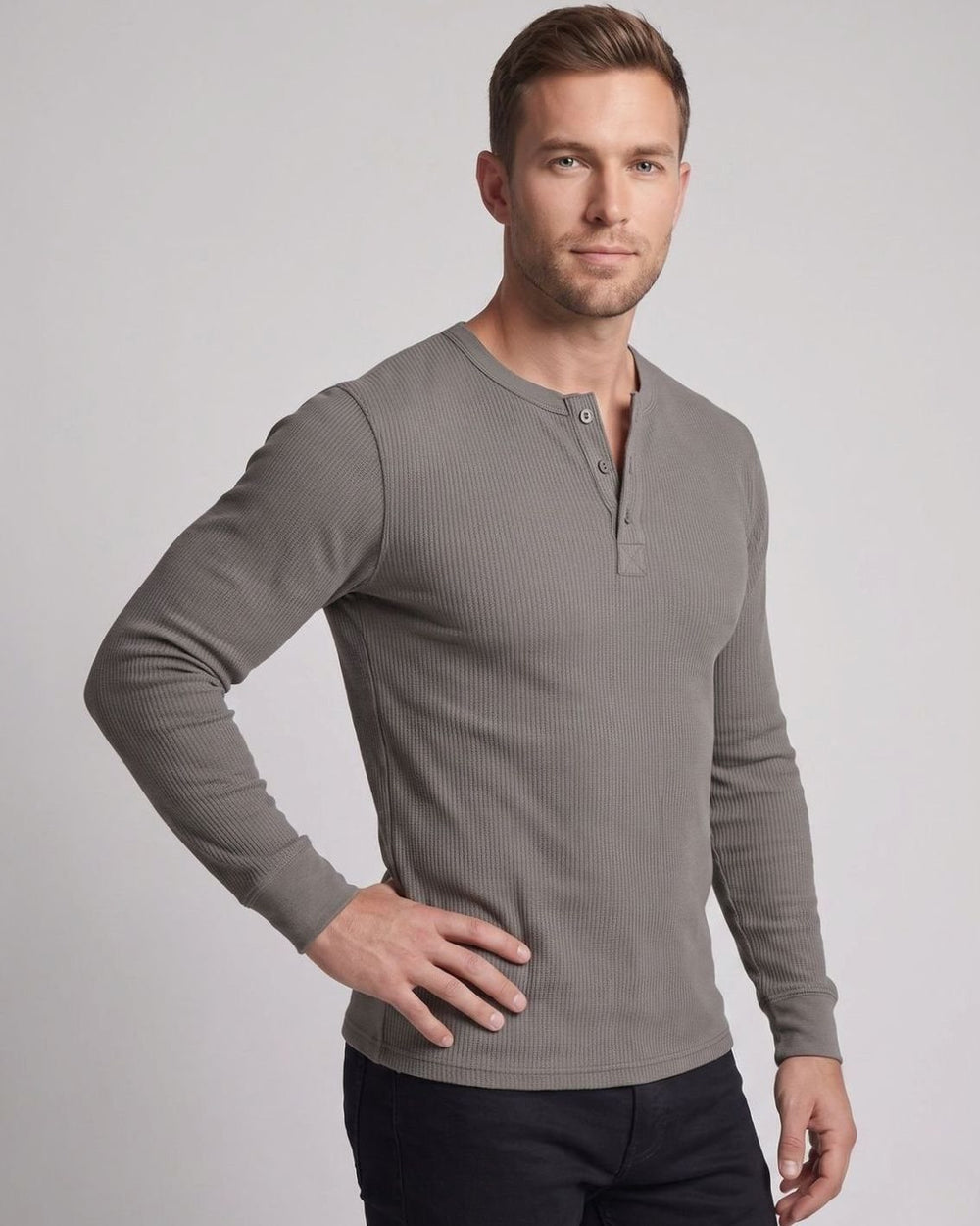 Men's Long Sleeve Waffle Knit Henley Shirt Regular Fit