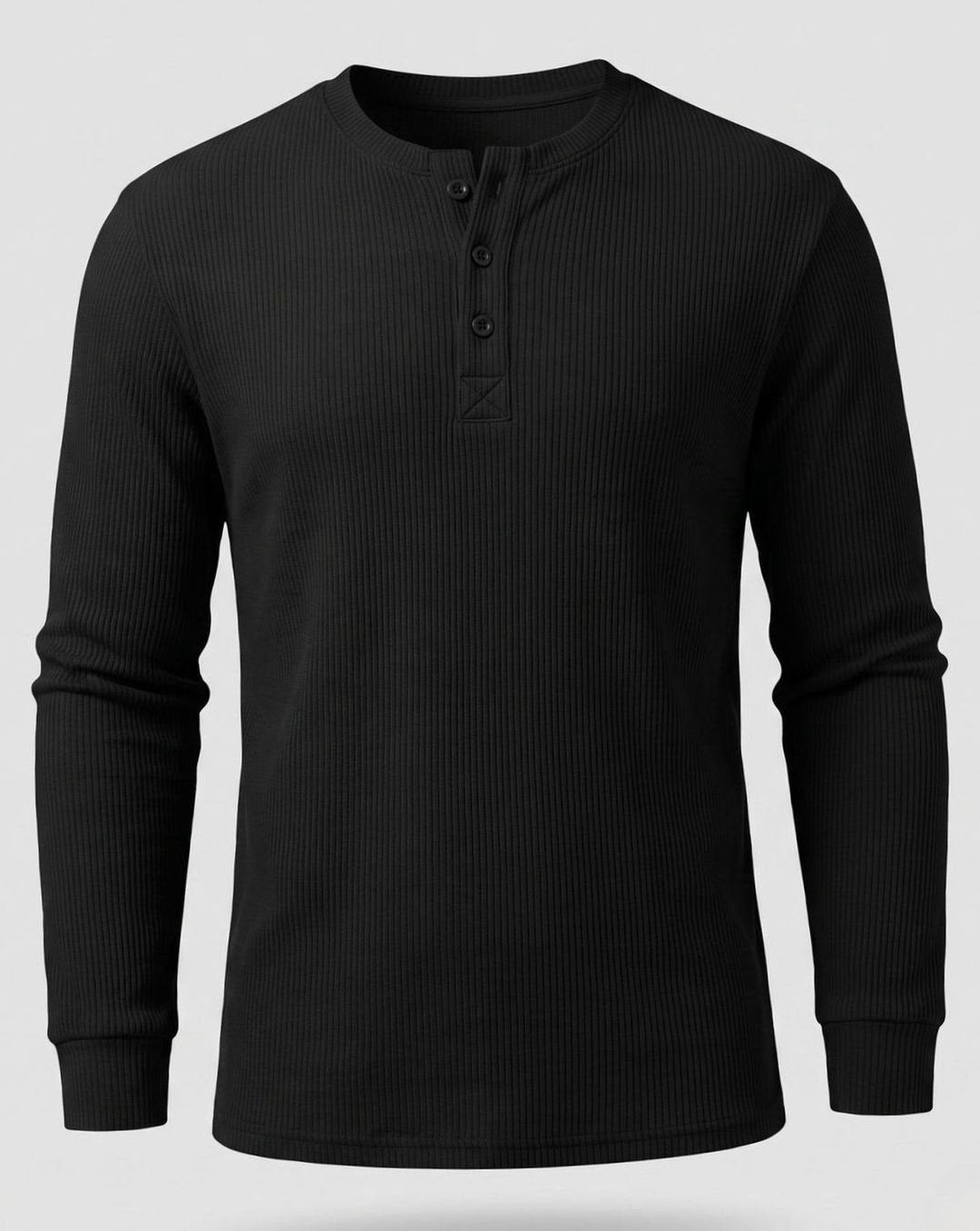 Men's Long Sleeve Waffle Knit Henley Shirt Regular Fit - Black