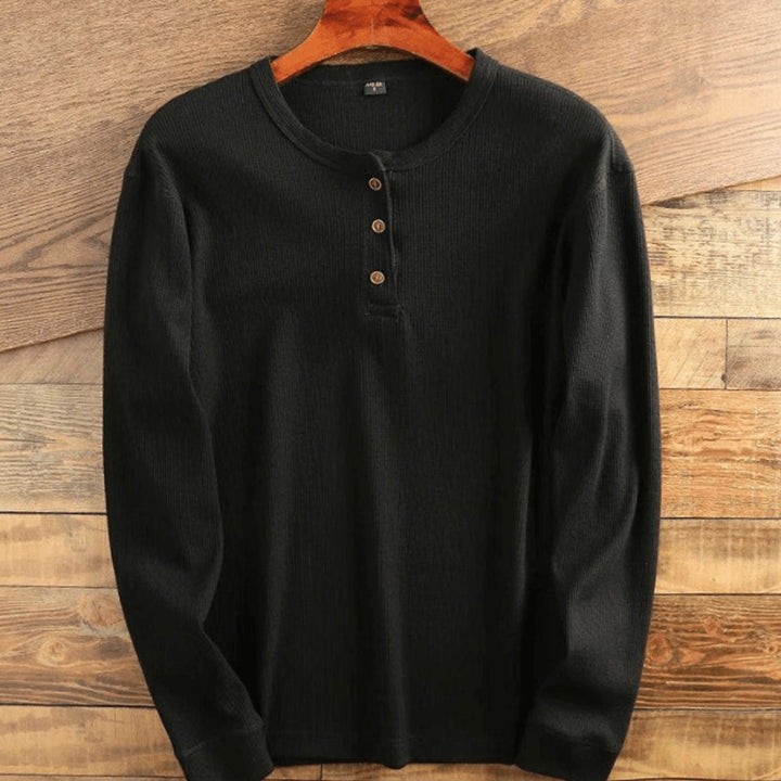 Men's Long Sleeve Waffle Knit Henley Shirt Relaxed Fit - Black